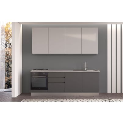 Straight kitchen IRENE, Right, 240 cm, dark and light grey fronts, worktop and wall panel - cement