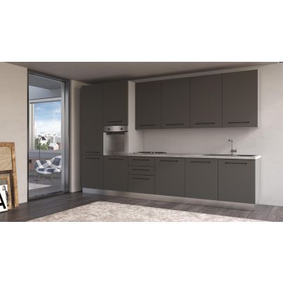 Straight kitchen LINE, 360 cm, dark grey fronts, worktop and wall panel - cement