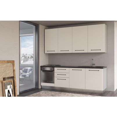 Straight kitchen LINE, 240 cm, angora grey fronts, worktop - anthracite and wall panel - light grey