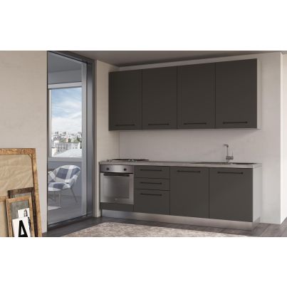 Straight kitchen LINE, 240 cm, dark grey fronts, worktop and wall panel - cement