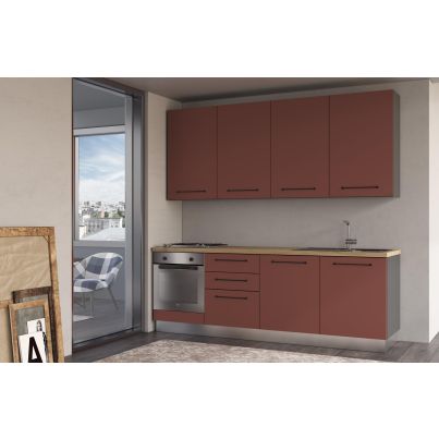 Straight kitchen LINE, 240 cm, rusty red fronts, worktop - cadiz oak, wall panel - anthracite