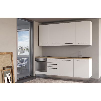 Straight kitchen LINE, 240 cm, white fronts, worktop - cadiz oak, wall panel - white