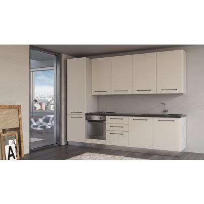 Straight kitchen LINE, 300 cm, angora grey fronts, worktop - anthracite,wall panel - light grey