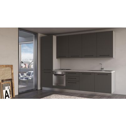 Straight kitchen LINE, 300 cm, dark grey fronts, worktop and wall panel - cement