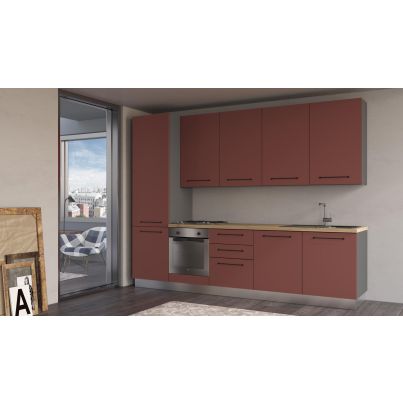 Straight kitchen LINE, 300 cm, rusty red fronts, worktop - cadiz oak, wall panel - anthracite