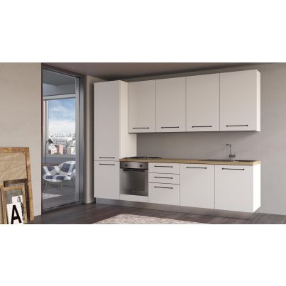 Straight kitchen LINE, 300 cm, white fronts, worktop - cadiz oak, wall panel - white