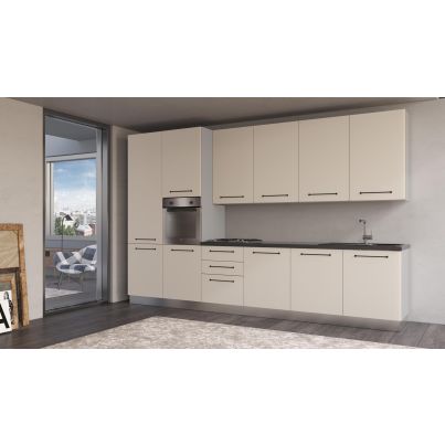 Straight kitchen LINE, 360 cm, angora grey fronts, worktop - anthracite, wall panel - light grey