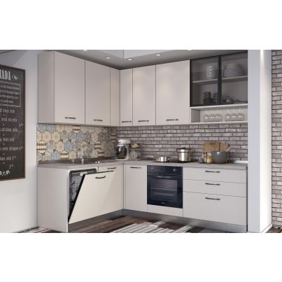 Corner kitchen VANIA, 187x260 cm, cashmere fronts, cement worktop and cashmere wall panel