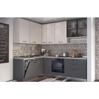 Corner kitchen VANIA, 187x260 cm, anthracite and cashmere fronts, worktop and wall panel - cement