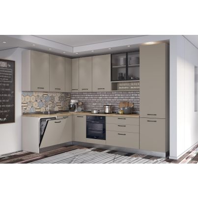 Corner kitchen VANIA, 187x320 cm, basalt fronts, cadiz oak worktop and cashmere wall panel