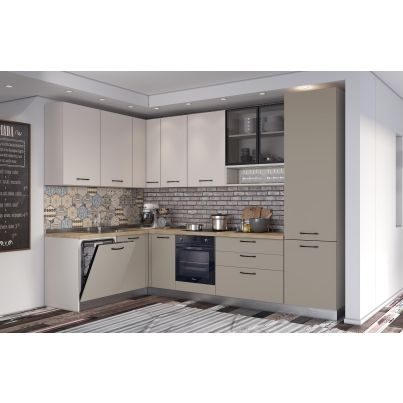 Corner kitchen VANIA, 187x320 cm, basalt and cashmere fronts, cadiz oak worktop and cashmere wall panel