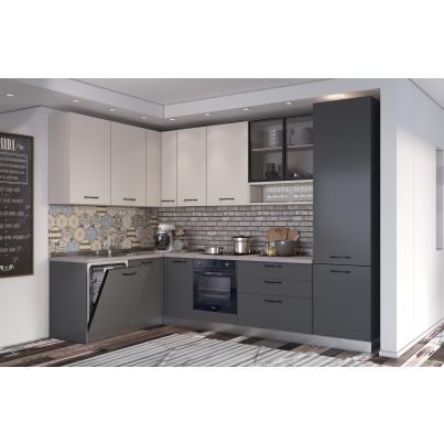 Corner kitchen VANIA, 187x320 cm, anthracite and cashmere fronts, worktop and wall panel - cement
