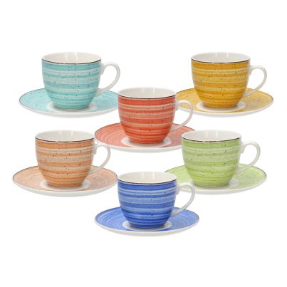 Set of 6 Tea cups with saucers IRIS KALEIDO, 6 colors, 200 ml