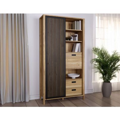Bookcase TWELVE 100 cm with slats and drawers, Mauvella oak 