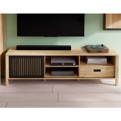 TV cabinet TWELVE 175 cm with drawer and sligind door with slats, Mauvella oak 