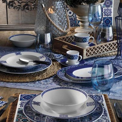 Dinner set Leonberg 24 pcs. white/blue