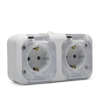 Double Socket EURO NC, SCHUKO 2x2P+T, White, 16A, 250V, Surface Mount, IP44