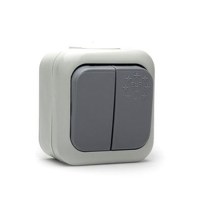 Euro Double Switch NC, sch.5, 10A, 250V, Surface Mount, IP44, Grey