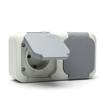 Double Socket EURO NC, SCHUKO 2x2P+T, Grey, 16A, 250V, Surface Mount, IP44