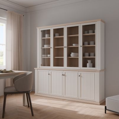 High buffet THIRTEEN 200 cm with glass doors, White/Riva Oak