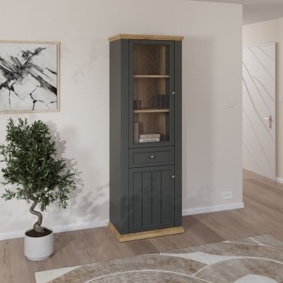 Display cabinet THIRTEEN, 200 cm, Mauvella oak/Uni grey