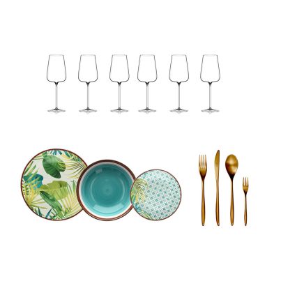 Serving Set with wine glasses Etoile blanc, table set METROPOLIS JUNGLE and Herdmar Cutlery set VINCI