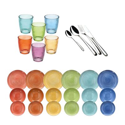 Serving Set with glasses SEOUL MULTICOLOR Table set MADISON KALEIDO and Cutlery box set STYLE 24 pcs